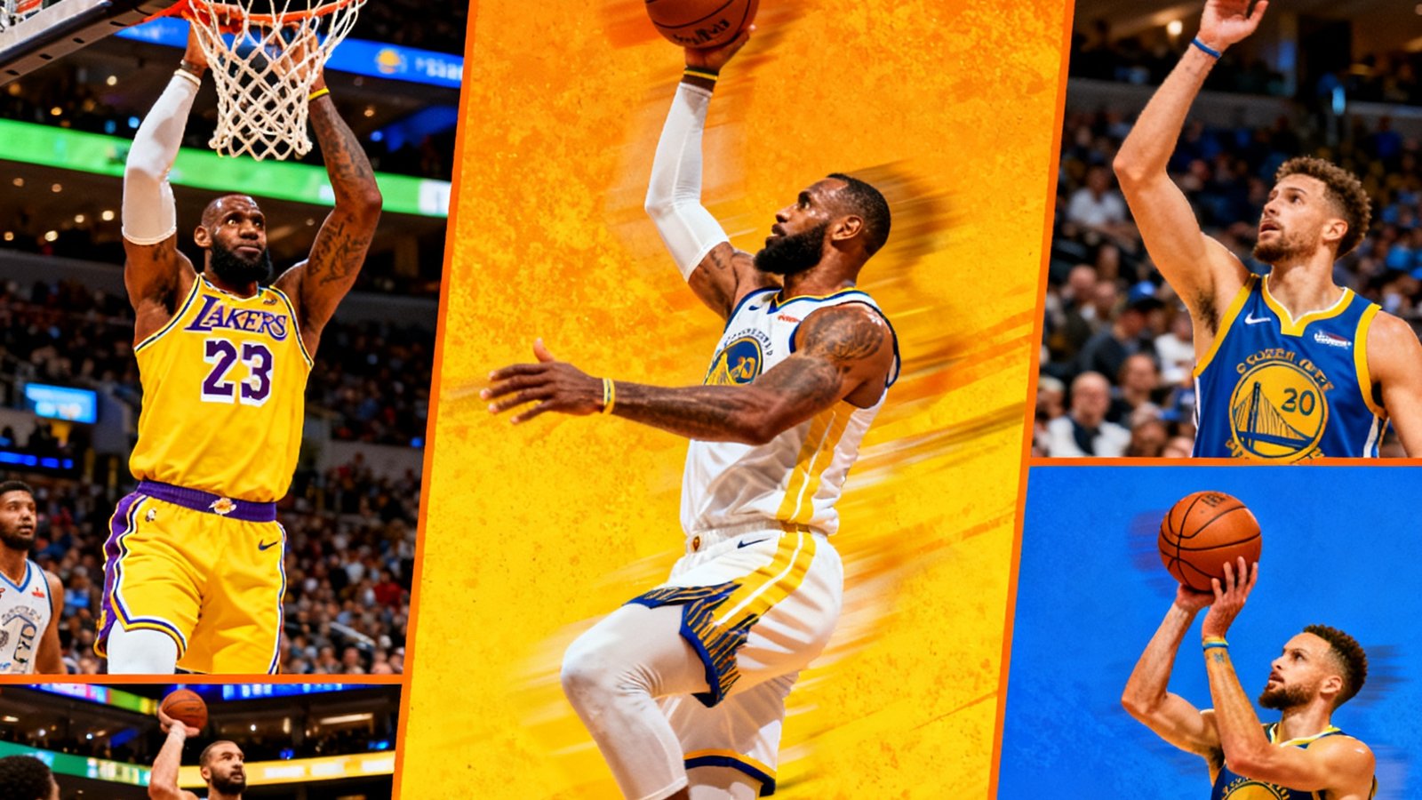NBA当日十佳球集锦封面，詹姆斯暴扣、库里超远三分等精彩瞬间拼贴画面